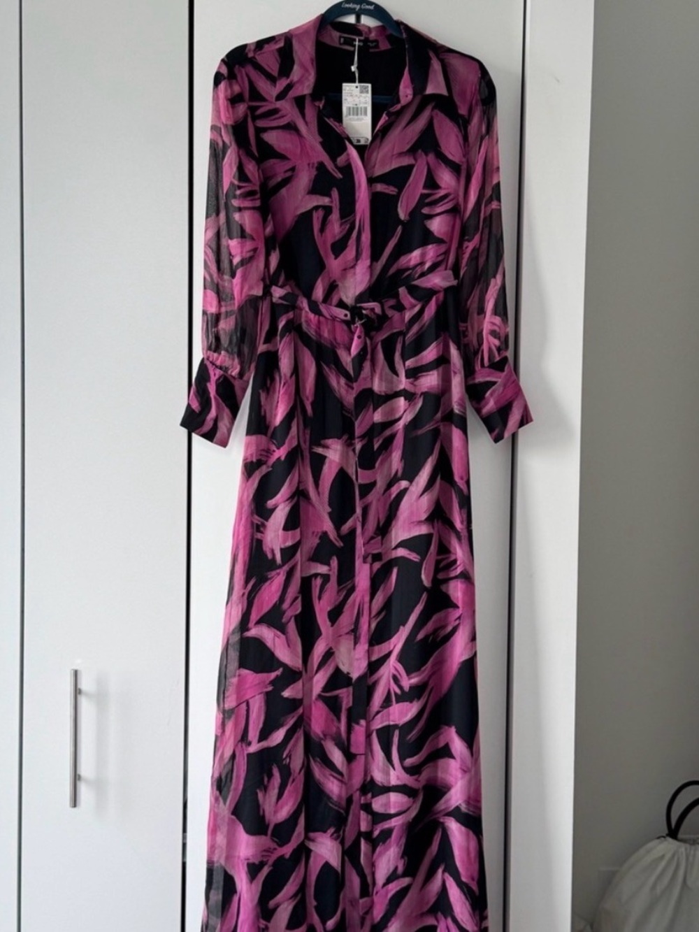 Mango Black Maxi Dress with Pink Brushstroke Print